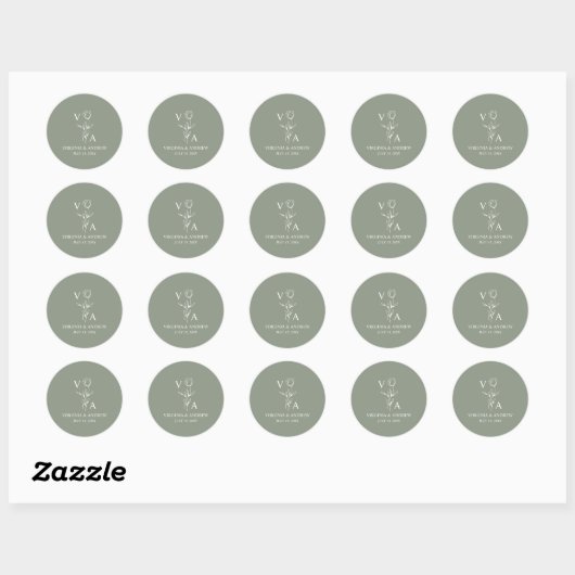 Sticker Rond Monogram Green Minimalist Boho Wedding Classic (Feuille)