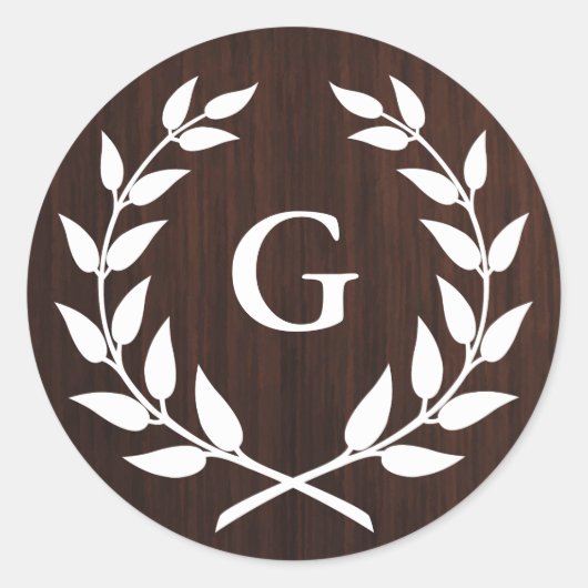 Sticker Rond Monogram Laurel Wreath Motif en bois rustique (Devant)