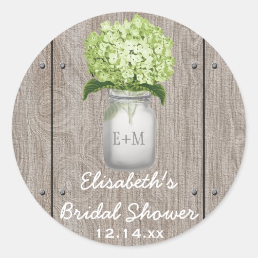 Sticker Rond Monogram Mason Jar Green Hydrangea Fête des mariée (Devant)