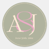 Sticker Rond Monogram Minimalist Green & Pink Wedding Date (Devant)