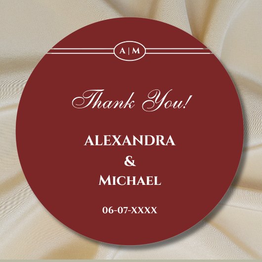 Sticker Rond Monogram Modern Burgundy Wedding Thank You