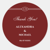 Sticker Rond Monogram Modern Burgundy Wedding Thank You (Devant)