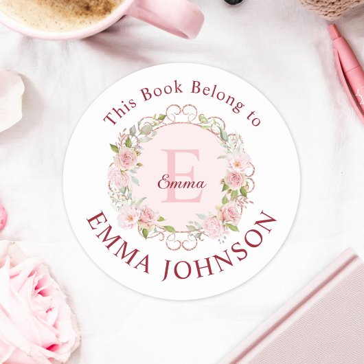 Sticker Rond Monogram Pink Rose This Book Belongs to Bookplate