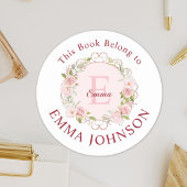 Sticker Rond Monogram Pink Rose This Book Belongs to Bookplate