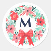 Sticker Rond Monogram Red Bow Floral Wreath Christmas (Devant)
