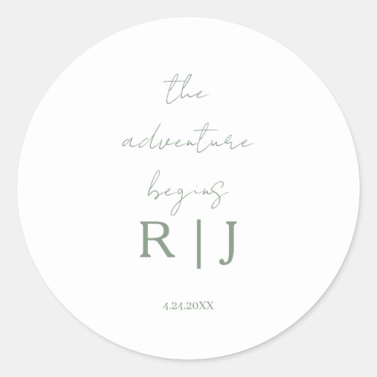 Sticker Rond Monogram Sage Green Quote Adventure Begins Wedding (Devant)