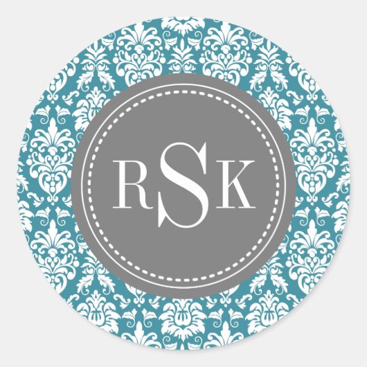 Sticker Rond Monogram Trio Turquoise Damask (Devant)