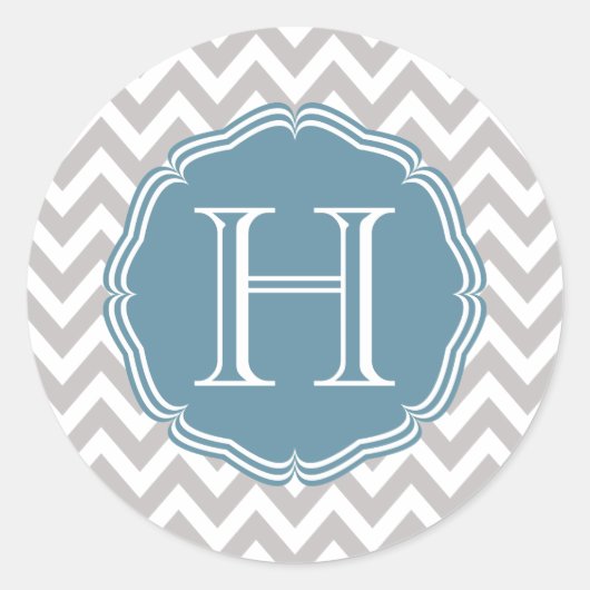 Sticker Rond Monograma bleu dans gris chevrón élégant (Devant)