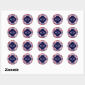 Sticker Rond Monograme de Red White Blue Preppy Madras (Feuille)