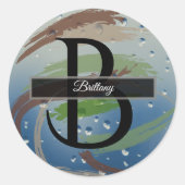 Sticker Rond Monogramme à coup de pinceau vert, marron et beige (Devant)