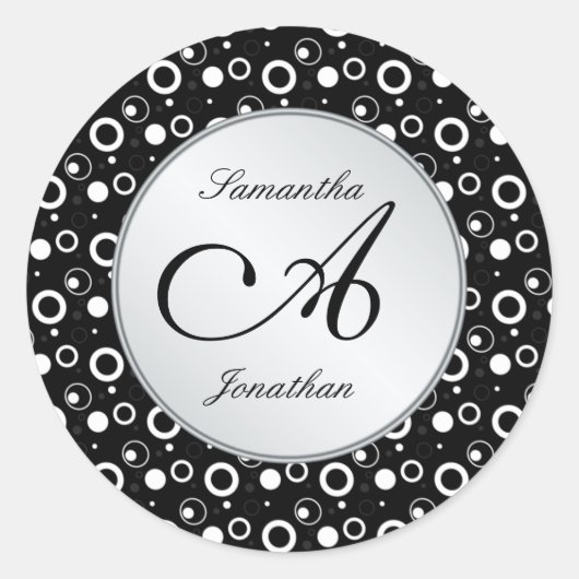 Sticker Rond Monogramme "A" noir blanc bulles cercles Mariage (Devant)