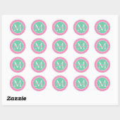 Sticker Rond Monogramme à pointes rose et vert Preppy (Feuille)