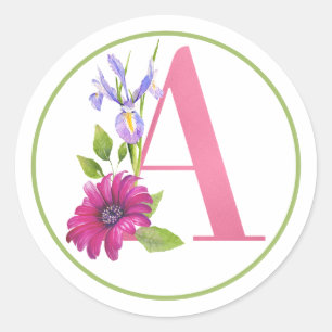 Sticker Rond Monogramme A rose avec fleurs d'été