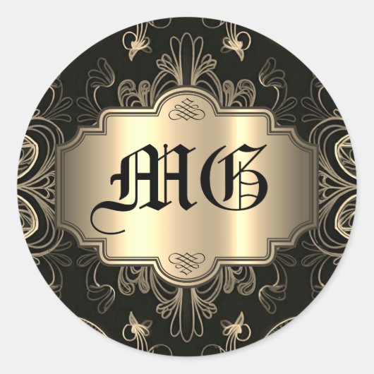 Sticker Rond Monogramme Abstrait Floral Noir Et Or (Devant)