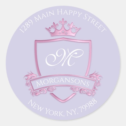 Sticker Rond Monogramme Adresse Couronne Royal Rose Purple RSVP (Devant)