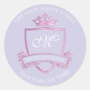 Sticker Rond Monogramme Adresse Couronne Royal Rose Purple RSVP