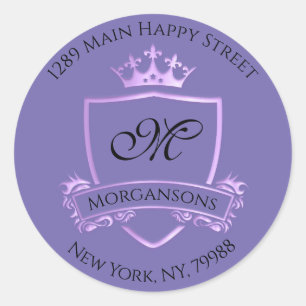 Sticker Rond Monogramme Adresse Couronne Royal Violet pourpre