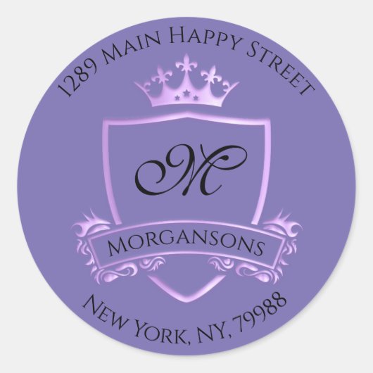 Sticker Rond Monogramme Adresse Couronne Royal Violet pourpre (Devant)