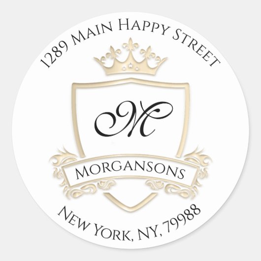 Sticker Rond Monogramme Adresse Couronne Royal White Gold RSVP (Devant)