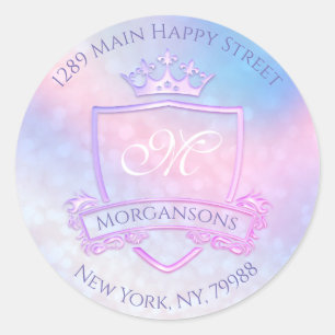 Sticker Rond Monogramme Adresse de retour Couronne Holographe r