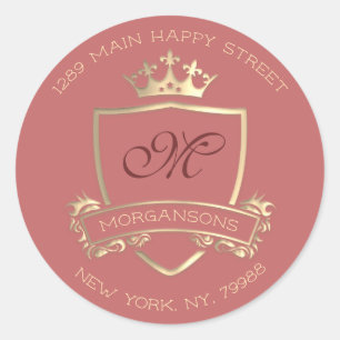 Sticker Rond Monogramme Adresse de retour Couronne Royal Gold P