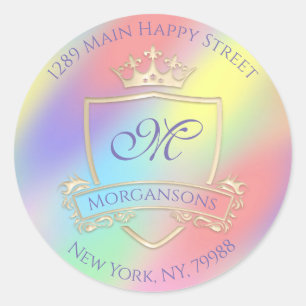 Sticker Rond Monogramme Adresse de retour Couronne Royal Hologr