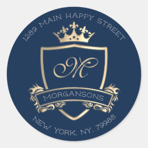 Sticker Rond Monogramme Adresse de retour Crown Royal Gold Navy