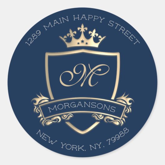 Sticker Rond Monogramme Adresse de retour Crown Royal Gold Navy (Devant)