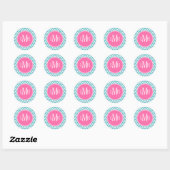 Sticker Rond Monogramme Aqua et Chevrons Rose (Feuille)