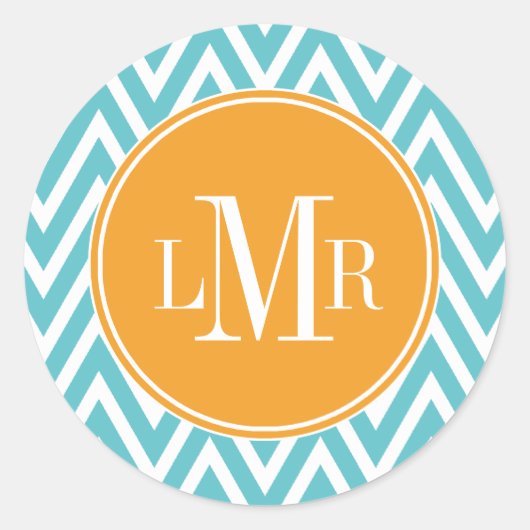 Sticker Rond Monogramme Aqua et Orange Chevrons (Devant)
