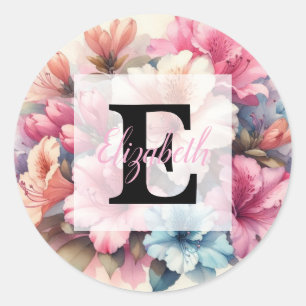 Sticker Rond Monogramme aquarelle florale azalées roses bleues