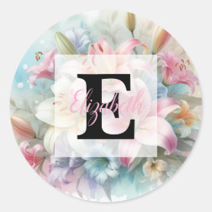 Sticker Rond Monogramme aquarelle florale fleurs lys roses