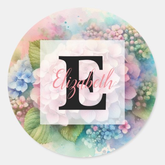Sticker Rond Monogramme aquarelle florale hydrangea rose (Devant)