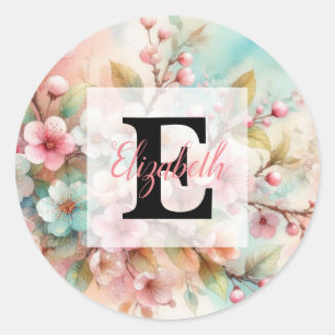 Sticker Rond Monogramme aquarelle florale roses cerisiers en fl
