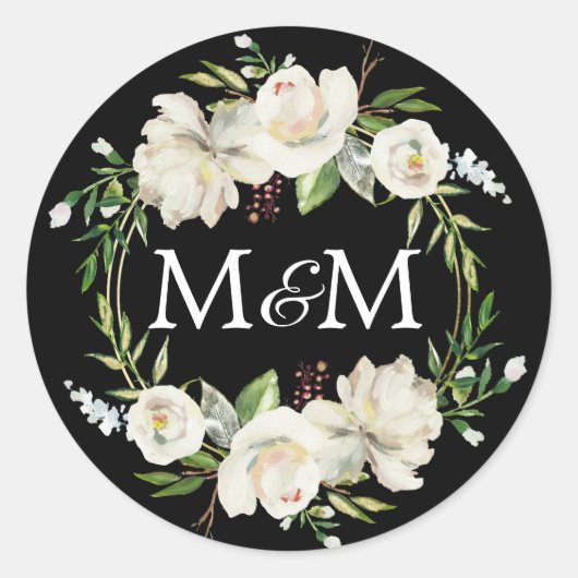Sticker Rond Monogramme Aquarelle noire Mariage Floral blanc (Devant)