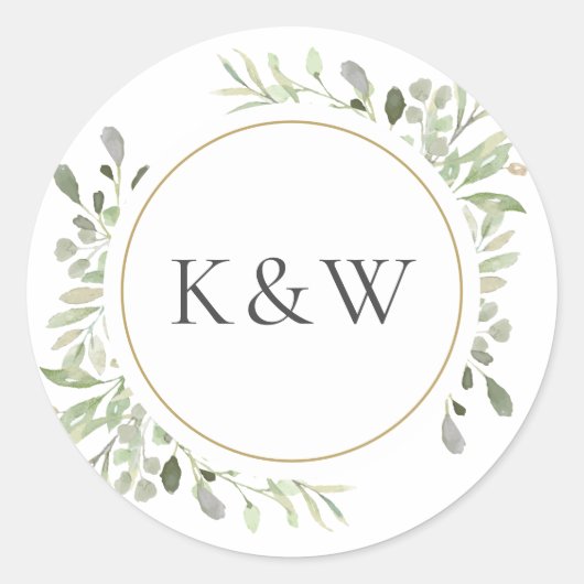 Sticker Rond Monogramme Aquarelle Verdure Mariage Faveur (Devant)