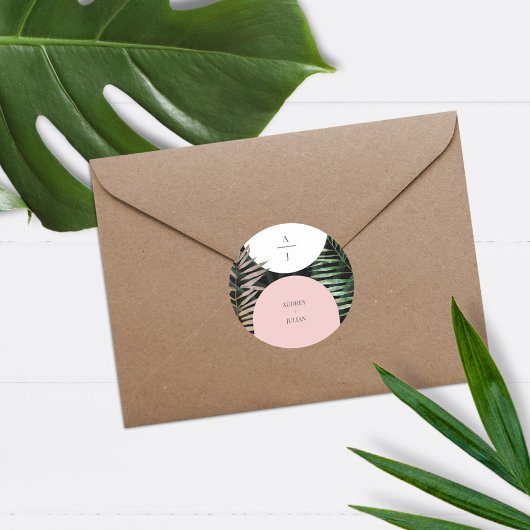 Sticker Rond Monogramme Arches Tropical Palm Tree Mariage