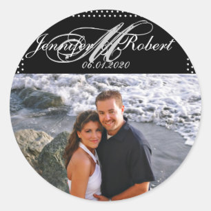 Sticker Rond Monogramme argenté sur noir avec Mariage Pois