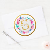 Sticker Rond Monogramme Art I Initiale dorée et rose aquarellée (Enveloppe)