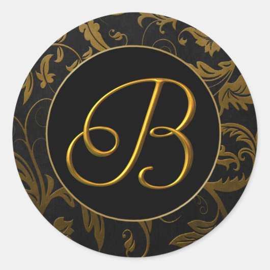 Sticker Rond Monogramme B Gold et Black Mariage damassé Seal (Devant)