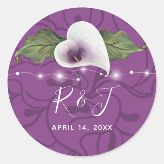 Sticker Rond Monogramme blanc et violet Calla Lily Mariage (Devant)