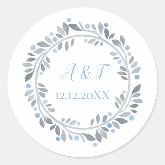 Sticker Rond Monogramme blanc gris bleu Mariage floral (Devant)