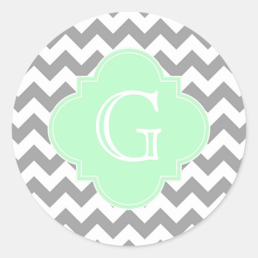 Sticker Rond Monogramme blanc gris Chevron Mint Quatrefoil (Devant)