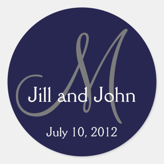 Sticker Rond Monogramme bleu marine Mariage mariée Groom Date S (Devant)