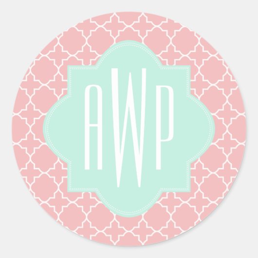 Sticker Rond Monogramme bleu + Quatrefoil corail (Devant)