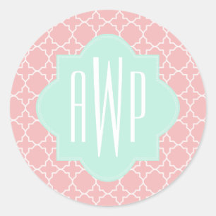 Sticker Rond Monogramme bleu + Quatrefoil corail