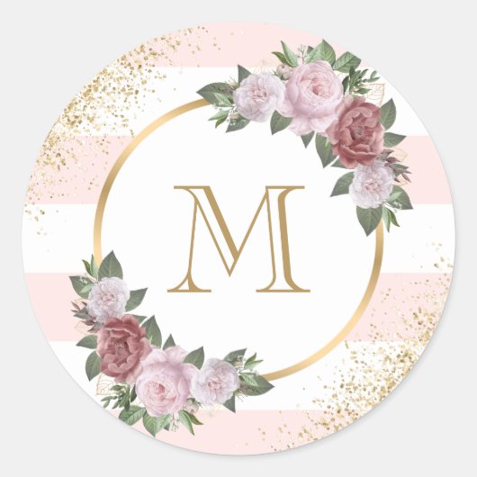 Sticker Rond Monogramme Blush Pink Gold Confetti Floral (Devant)