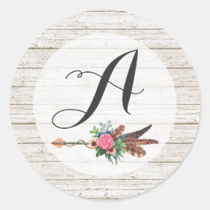 Sticker Rond Monogramme Bohème Rustique Plumes Flèche Mariage