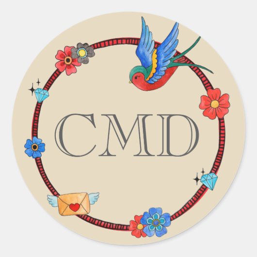 Sticker Rond Monogramme Boho Bluebird (Devant)