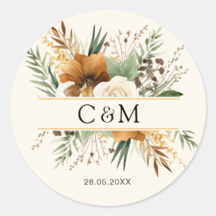 Sticker Rond Monogramme, boho, boquet de fleurs élégant